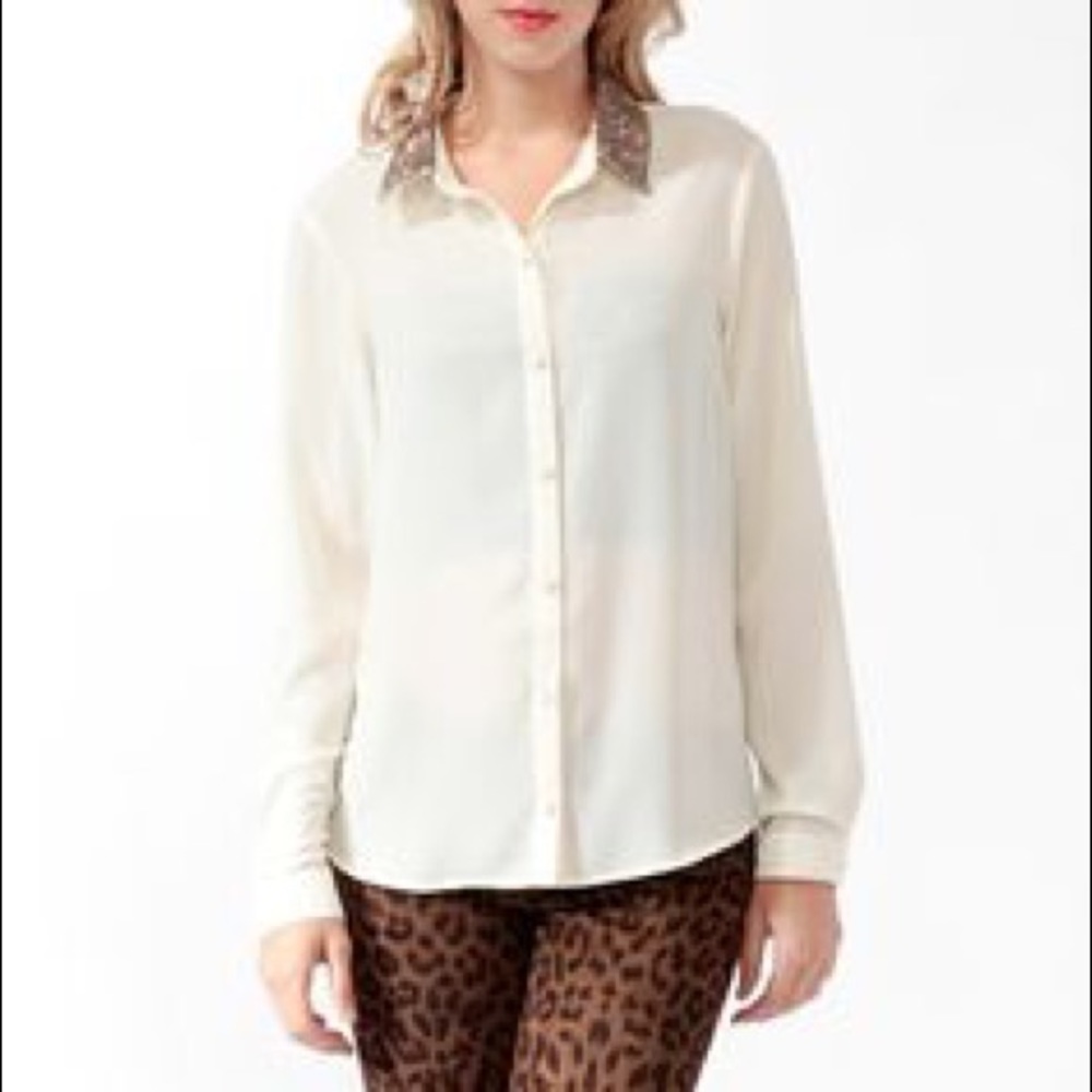 NEW Forever 21 Sequined Collar Cream Shirt